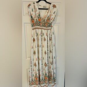 Lapogee Dress Maxi Boho Orange Green Paisley Beachy Goddess Sleeveless M V Neck